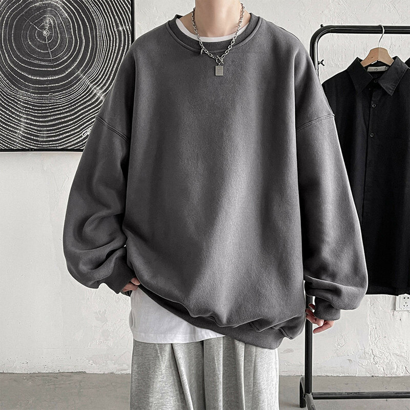 Harajuku Sweatshirts Herren Herbst koreanische einfarbige Fleece übergroße Pullover lässig o Hals Basic Tops Hip Hop Streetwear