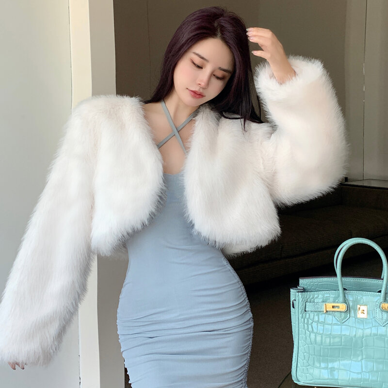 Koreaanse Mode Meisjes Bont Vest Kort Gesneden Losse Lange Mouwen Winter Warm Heet Verkopen Nepbont Jas Effen Kleur Kantoor Dame Jas