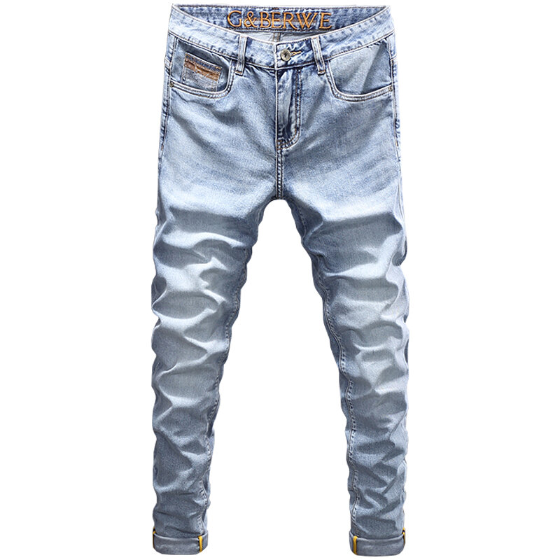Estilo coreano Moda Masculina Jeans de Alta Qualidade Retro Light Blue Elastic Slim Fit Bordado Jeans Designer Homens Vintage Denim Calças