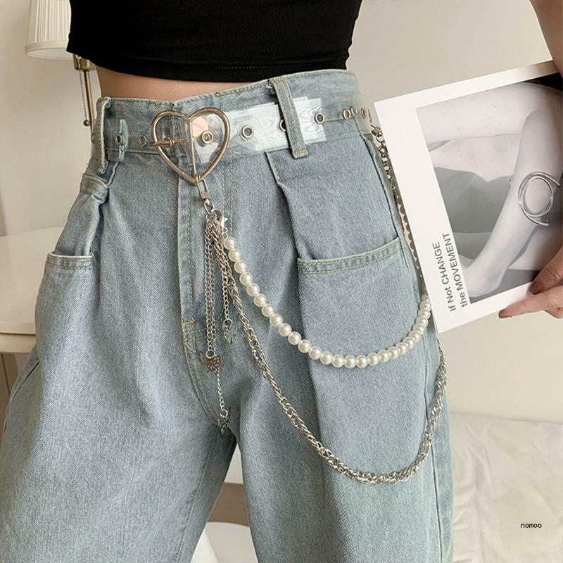 Pantalón con cuentas perlas falsas para mujer, cadena capas, pantalones Metal callejero para Key Chai