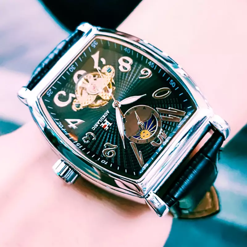 AOKULASIC Moon Phase Automatic Mechanical Watch Men Gold Tonneau Tourbillon Watches Genuine Leather Strap Clock Male Wristwatch