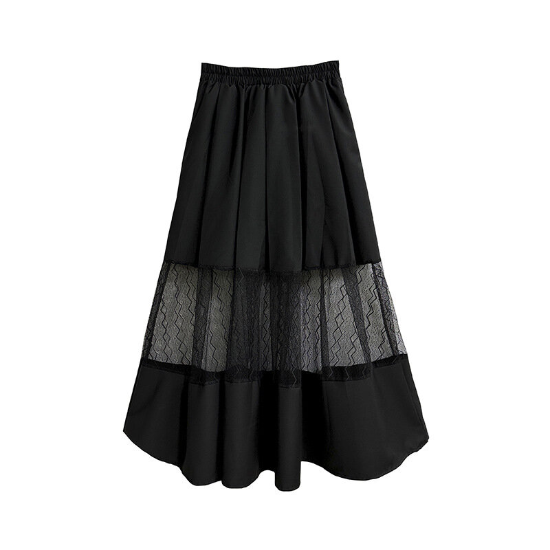 Женская Асимметричная юбка средней длины, черная юбка с высокой эластичной талией и сетчатым верхом, весна-осень 2024
