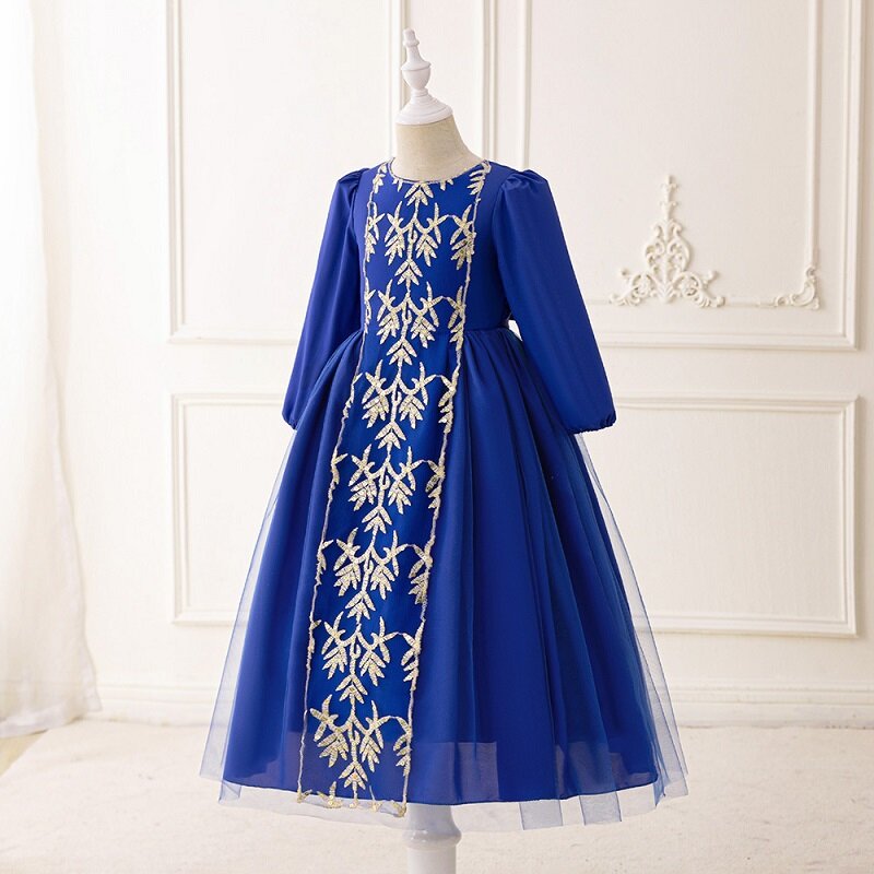 Muslim style children's robe Middle Eastern Arab clothing embroidered solid color long sleeved fashionable girl princess dress