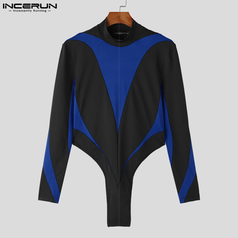 INCERUN 2023 Sexy Style Handsome New Mens Jumpsuits Fashionable Blue&Black Patchwork Design Bodysuits Long Sleeved Rompers S-5XL