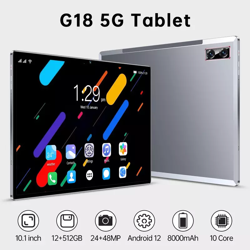 Tablette Android G18 de 2023 Pouces avec Bluetooth, 12 Go de RAM, 10.1 Go de ROM, Deca Core, 24 + 48MP, WPS + 5G, WIFI, Ordinateur Portable, Nouvelle Version Mondiale, 512