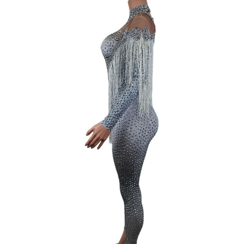 Shinny kristal Jumpsuit perak cerah berlian imitasi rumbai Bodysuit wanita merayakan mewah kostum peregangan Jumpsuit Yiwan