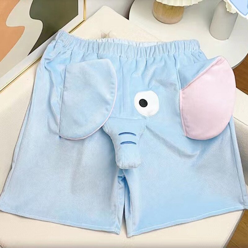 Unisex Cartoon Plush Shorts, Confortável Lounge Sleep Calcinha Curta, 3D Elefante Animal Loungewear, Presente de aniversário engraçado