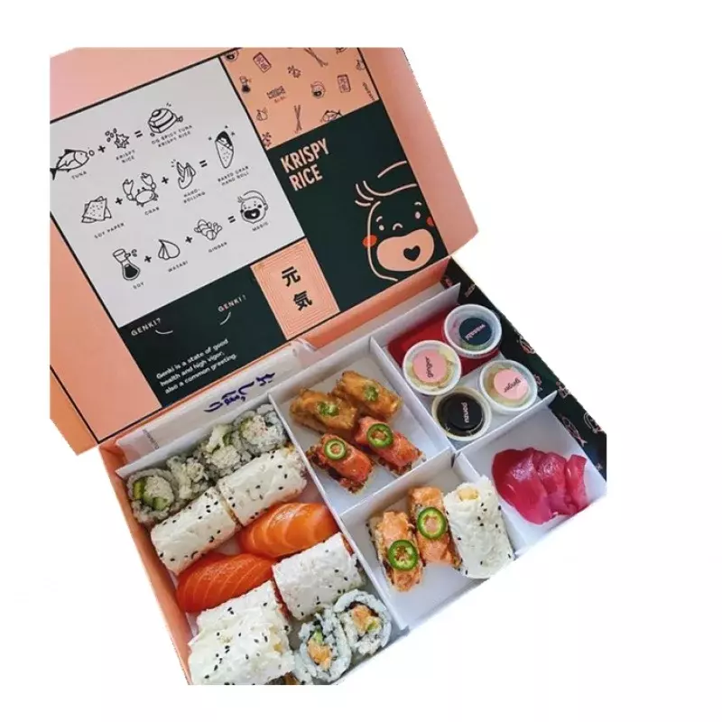 Boîte d'emballage de sushi personnalisée, boîte de poulet imprimée, boîte à emporter, boîte à sushi avec division, produit personnalisé