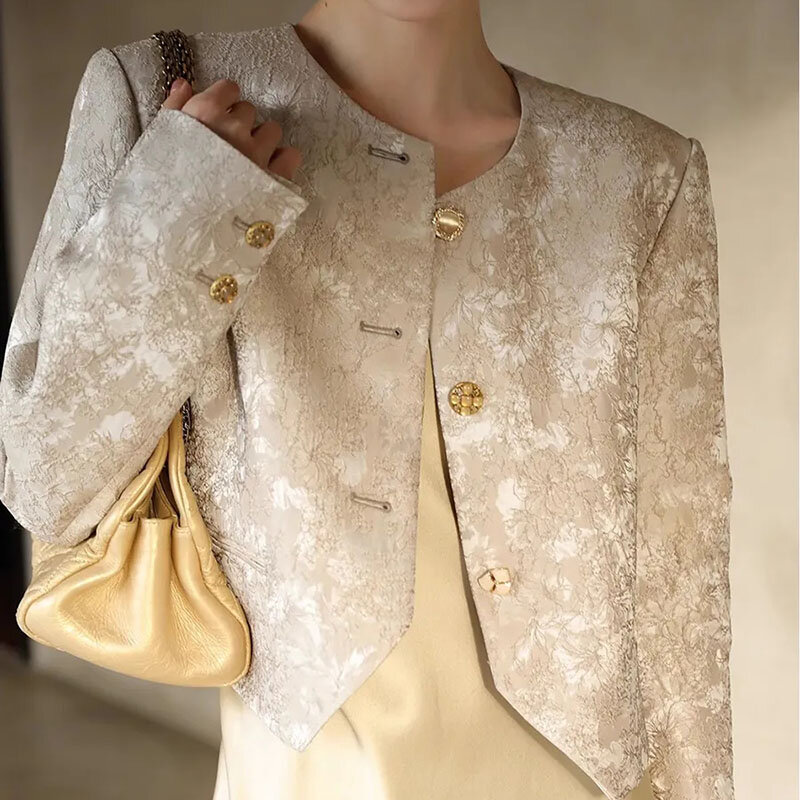 2024 Senior Design Jacquard kurze Jacken Frauen elegante einreihige kurze Abrigos koreanische lässige Langarm Mäntel Tops neu