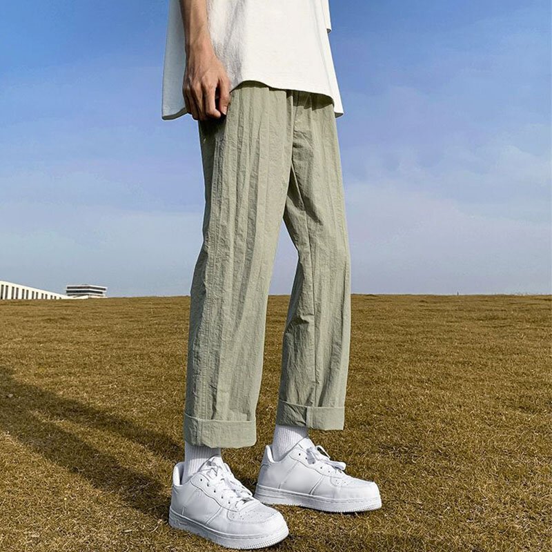 Męskie spodnie na co dzień w jednolitym kolorze 2024 wiosna lato ubrania Vintage luźna szeroka nogawka proste spodnie męskie cienkie oddychające spodnie dresowe