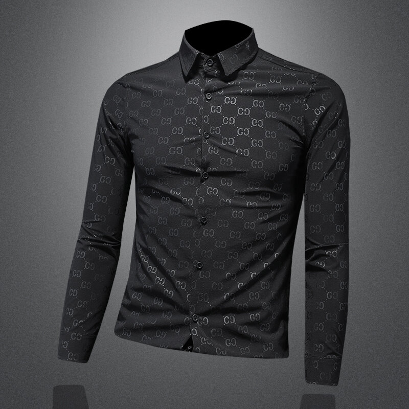 Camisa Negra de alta calidad para hombre, camisa de manga larga ajustada, parte inferior de moda de negocios, top de boutique de un solo pecho