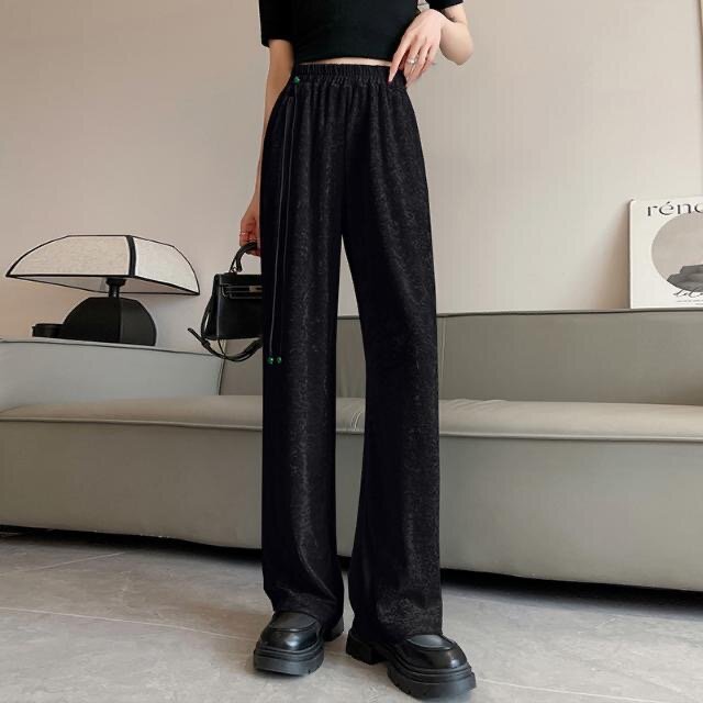 Women Fashion Summer Wide Leg Pants New Chinese style Velvet Trousers Elastic Waist Loose Casual Pants