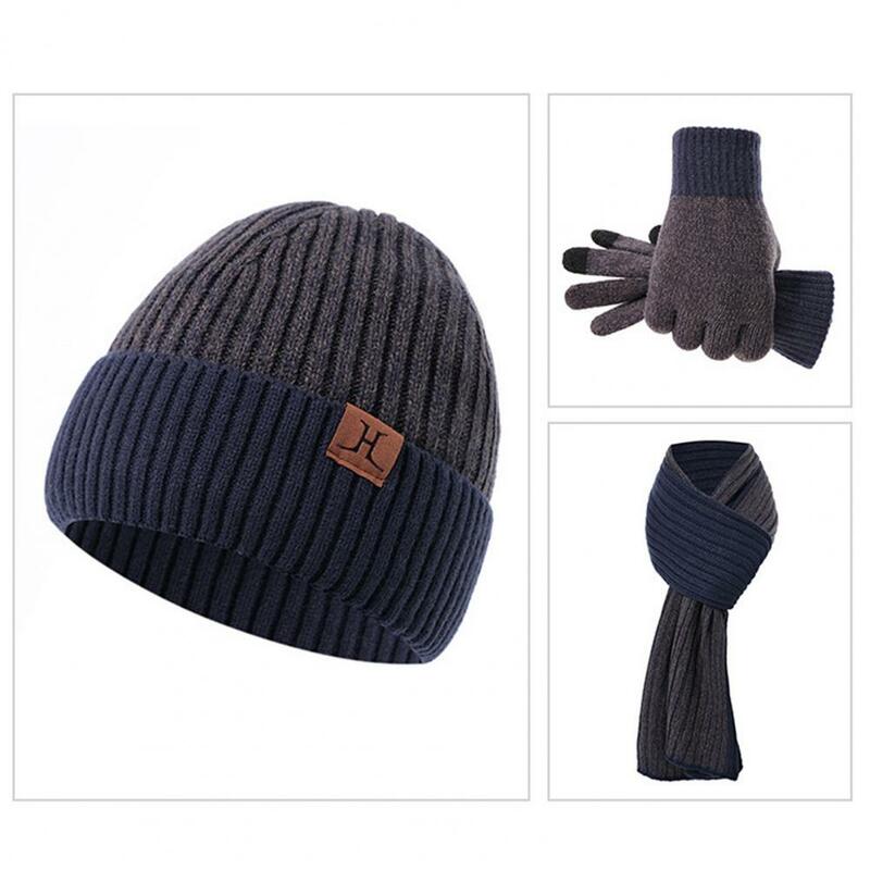 Windproof velo forrado malha chapéu cachecol set, Gorro super macio, Luvas para o tempo, inverno