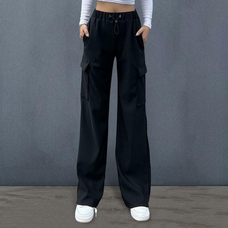 Female Trousers Stylish Women's Elastic Waist Casual Pants with Multi Pockets Straight Wide Leg Trousers for Spring for Vacation