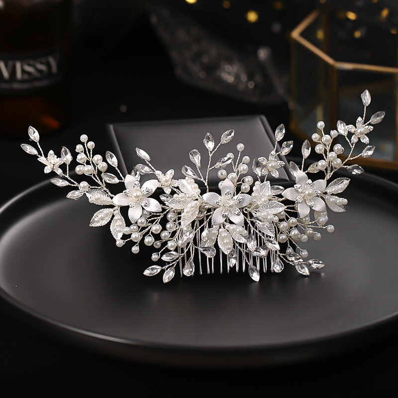 Srebrny grzebień kwiatowy dla panny młodej perła wykonana ręcznie spinka do włosów