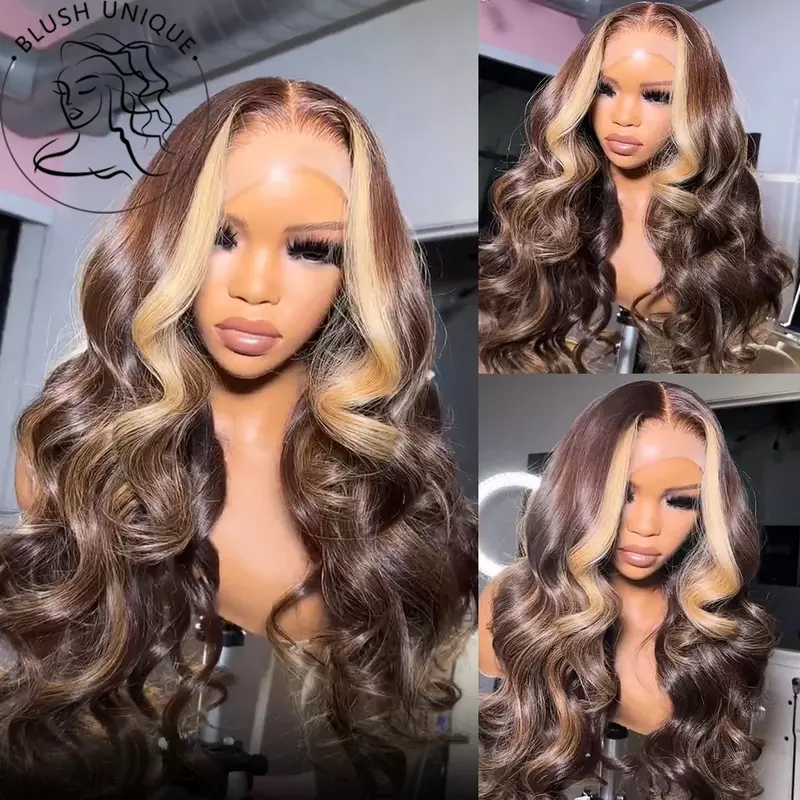 Chocolate Brown Skunk Stripe Lace Front Wig Honey Blonde Body Wave Lace Front Wigs Highlight Synthetic Glueless Wigs For Women