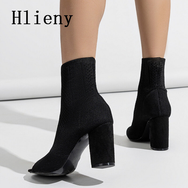 Hlieny-Botines de punto con punta abierta para mujer, Sandalias de tela elástica, zapatos de tacón alto con recortes sexys, para primavera y otoño