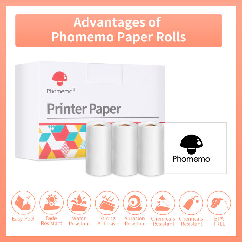 Phomemo 자체 접착식 프린터 스티커, M02 시리즈 프린터 용지 스티커, 접착식 라벨 프린터용 용지 롤 감열식 라벨