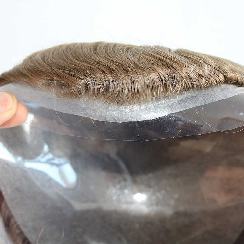 Rayita Natural para hombres, peluquín con Base de piel Superfina de 0,02mm, 80 ~ 90% de densidad, cabello humano gris, sistema de prótesis capilar, pelucas