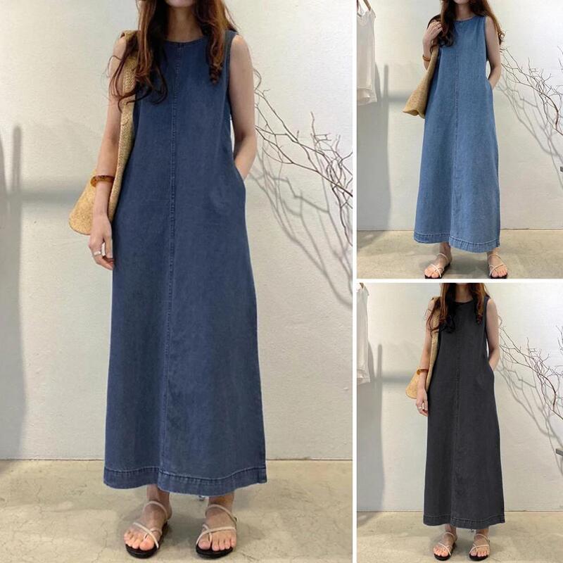 Lady Vest Dress Sleeveless Round Neck Solid Color Side Pockets Loose Robe Type Ankle Length Casual Daily Dating Maxi Dress
