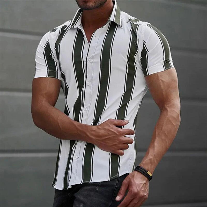 เสื้อเชิ้ตผู้ชาย2024ฤดูร้อนเสื้อคอปกแขนสั้นพิมพ์ลายทาง3D เสื้อผ้าลำลองสวมใส่สบายสำหรับวันหยุดชายหาดฮาวายฤดูร้อน