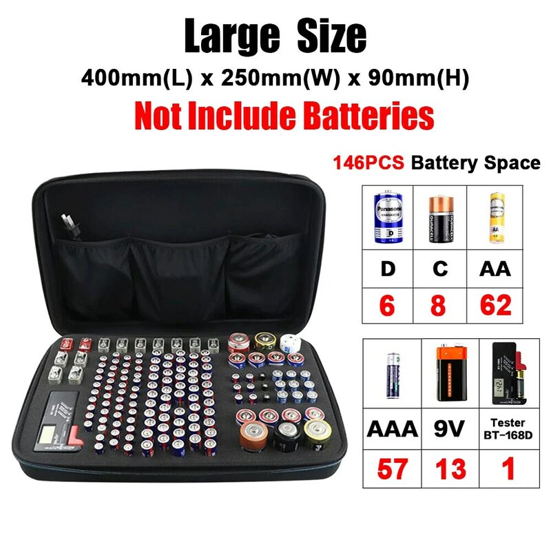 Portátil rígido EVA Shockproof Battery Organizer, Estojo de armazenamento, Box Holder, Container Tester para Battey, AA, AAA, C, D, 9V, 3V, LR44, 146 Pcs