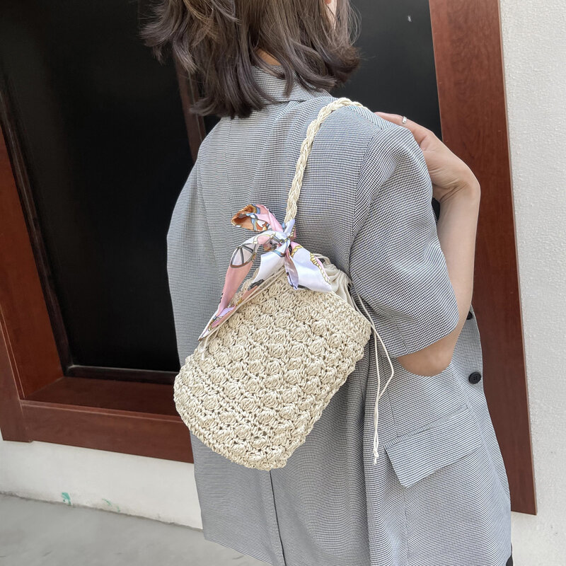 Handmade Woven Bucket Bag for Women Bohemian Shoulder Bags Knitted Summer Straw Beach Bag Female Round Cut Out Handbags