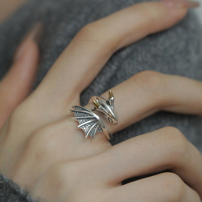 PANJBJ 925 Silve Wing Dragon Punk Ring for Women Girl Party Gift  Retro Hiphop Fashion Jewelry Dropshipping