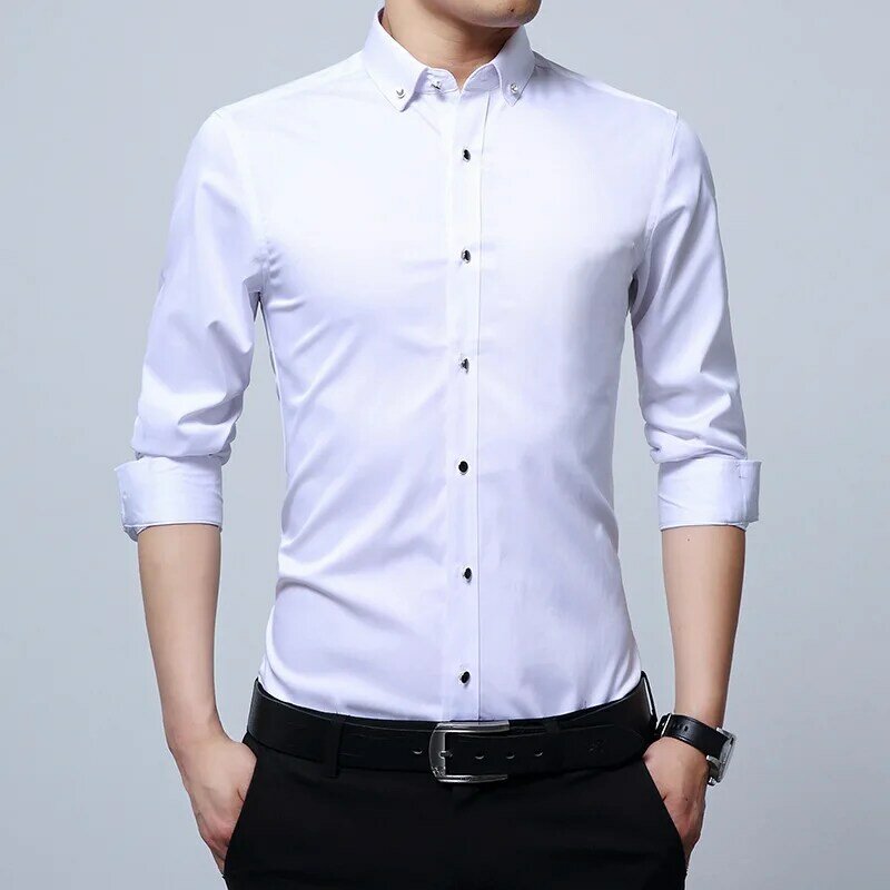 Nowa męska z długim rękawem klamra kołnierz biznesowy solidny kolor koszula koreańska wersja Slim Fit profesjonalna garnitur Casual dolna koszula