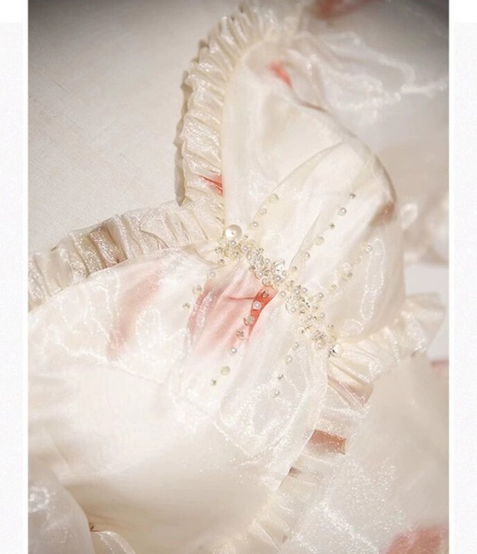Suknia balowa z nadrukiem z organzy Quinceanera suknie ukochana z dekoltem, bez ramienia koraliki falbany sznurowane słodkie 16 Vestido 15 De Años