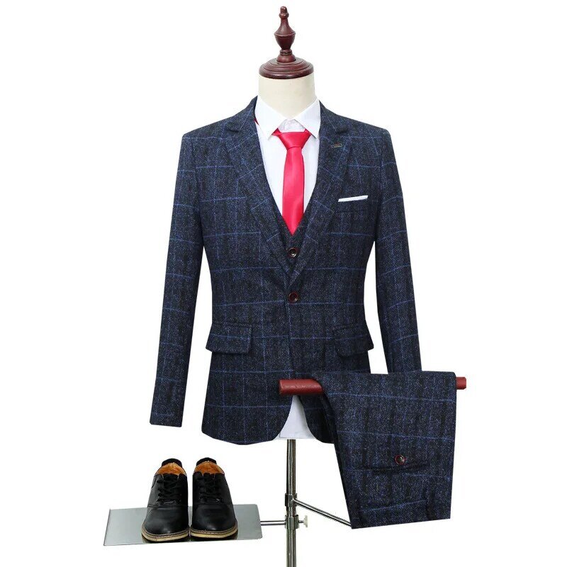 Men's checkered suit (coat+vest+pants) three piece Korean version slim fitting British casual job seeker groom wedding dress