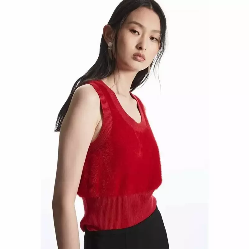 CO Women's 2023 Fashion Two-color Casual Slim Version Short Knit Short Vest Sweater Retro Round Neck Sleeveless Vest Chic Top