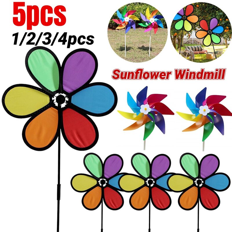 Molino de viento de girasol para niños, Spinner giratorio de flores coloridas, portátil, decoración de jardín al aire libre, patio de césped, bricolaje, paño de molino de viento, juguete para niños, 5-1 piezas