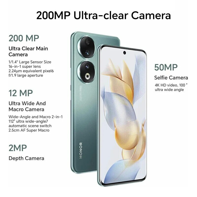 Global Version HONOR 90 5G 200MP Ultra-Clear Camera Snapdragon 7 Gen 1 5000mAh Battery Life 66W Supercharger 120Hz Display