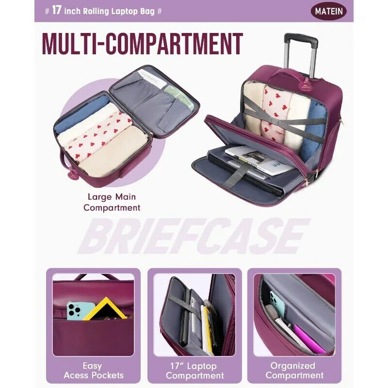 Large 17 Inch Laptop Bag with Wheels & 3 Packing Cubes,   Roller Computer Case Suitcase for Overnight College Work, Purple