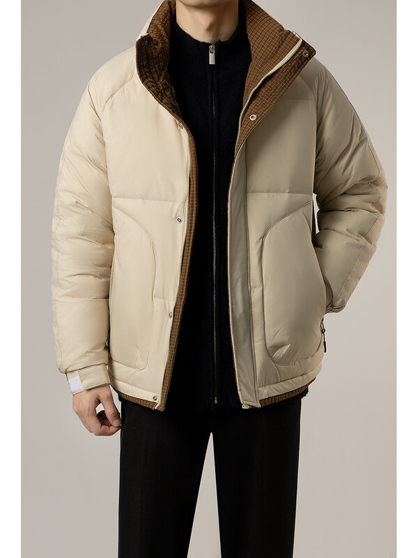 Jaquetas masculinas casuais com colarinho em pé, grosso, quente, manga comprida masculina, casacos brancos de pato, moda simples, novo, inverno