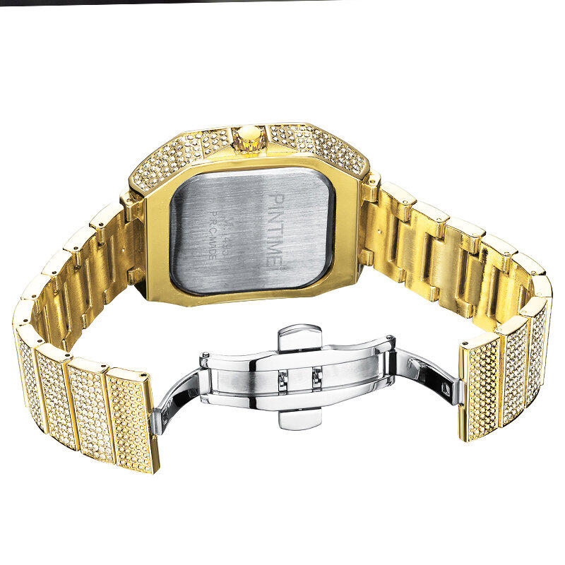 PINTIME jam tangan Hip Hop pria, arloji kotak Ultra tipis berlian penuh untuk lelaki
