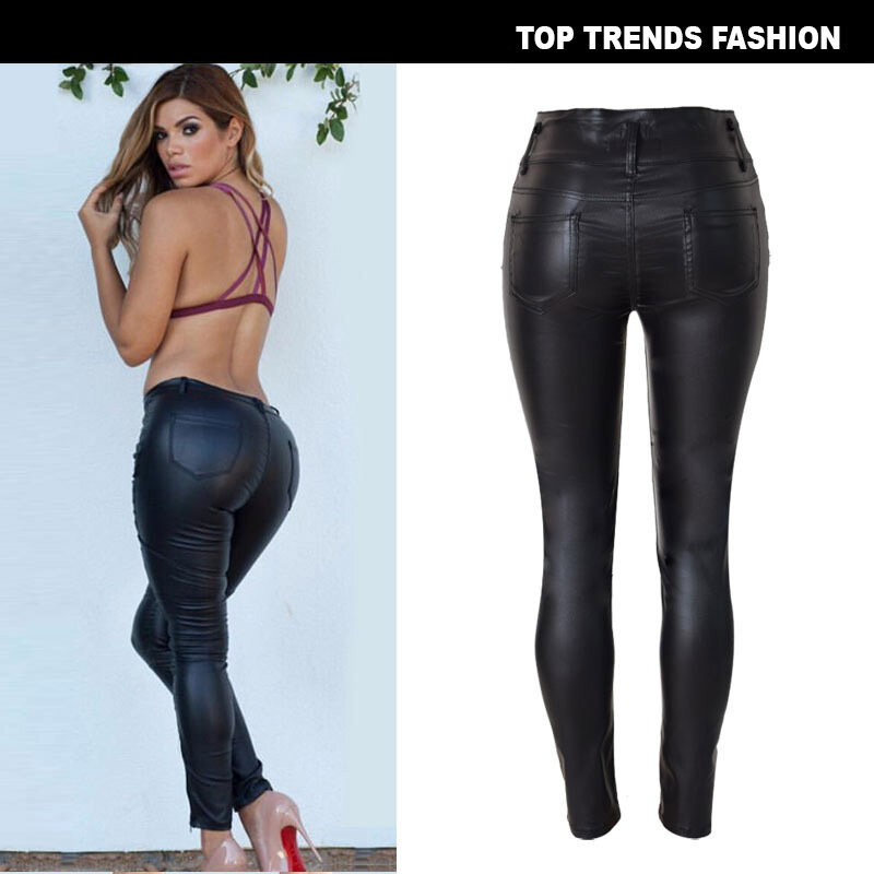 Women's Pants High Waisted 3 Button Slim Faux Leather Pants and Small Leg PU Women Pants
