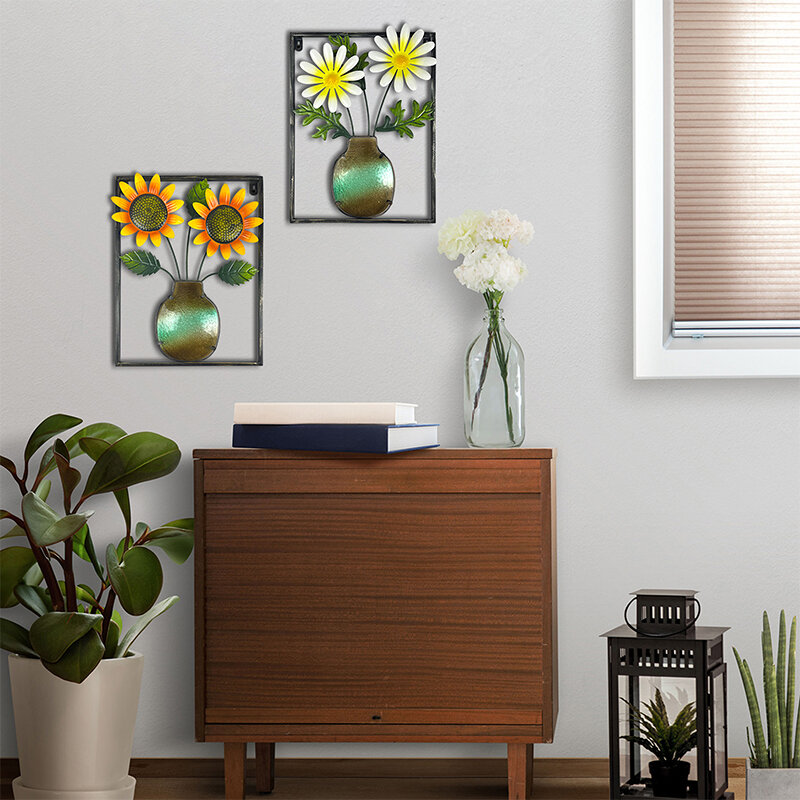 LIFFY-Paquete de 2 flores de Metal para decoración de pared, escultura de arte Floral de Metal moderno, decoración de pared de girasol para sala de estar interior y dormitorio
