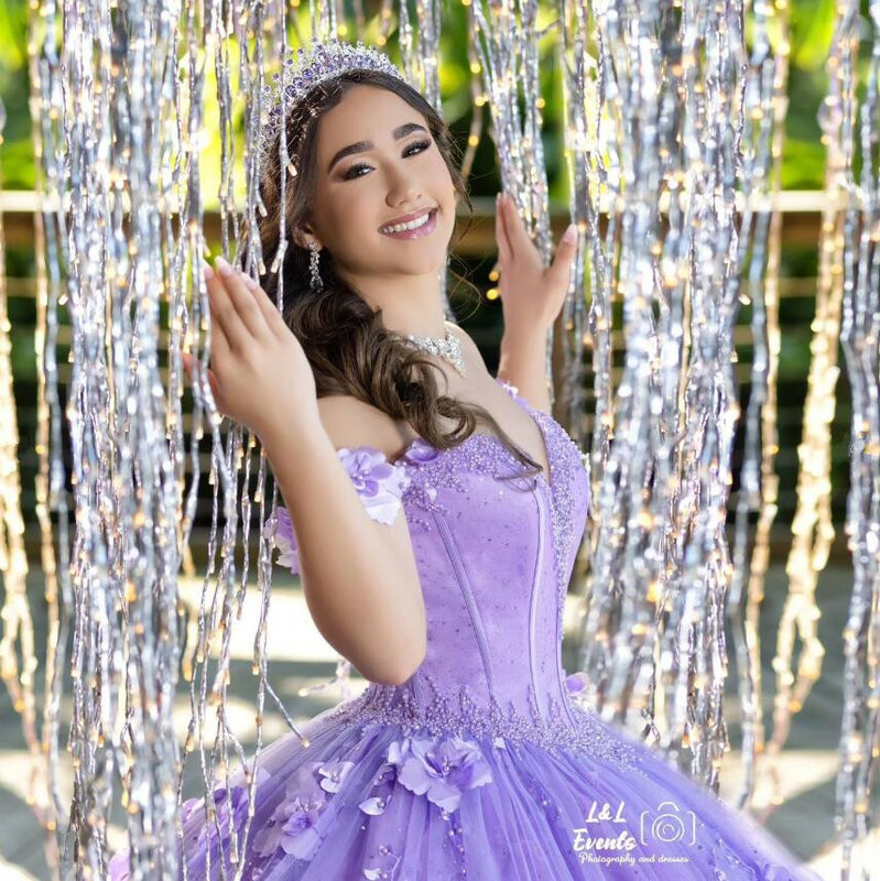 Vestidos princesa Quinceanera, Baile com renda, Roxa lavanda, Applique Floral 3D, Fora do ombro, Desosse, 15