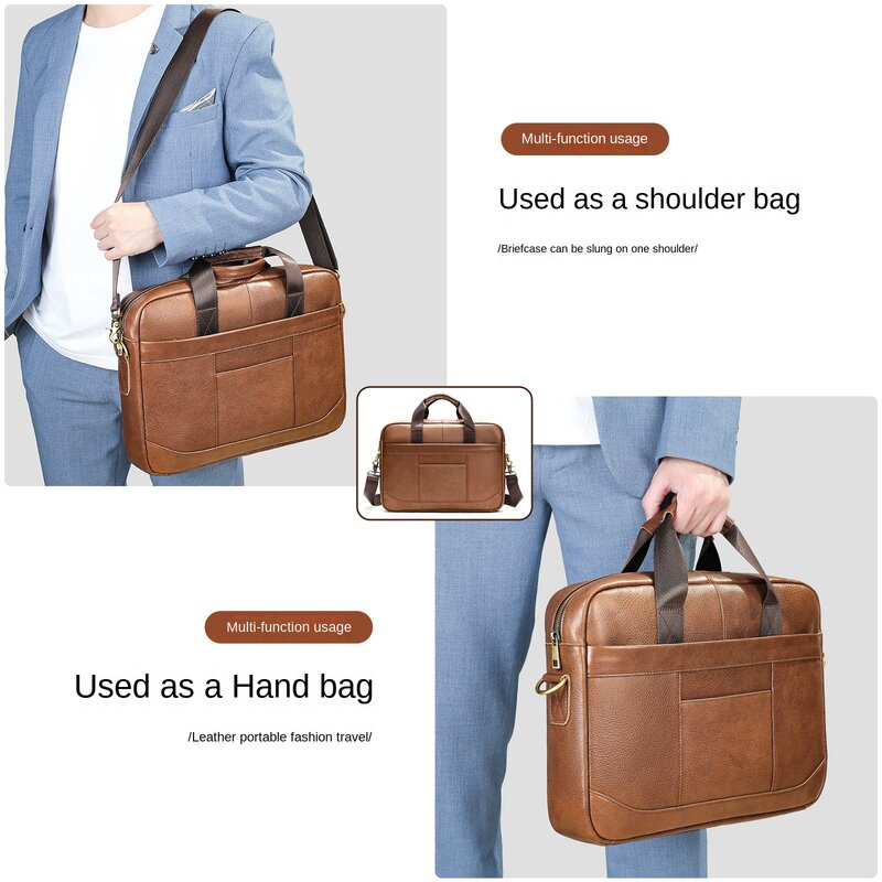 Мужская сумка из 2024 натуральной кожи, деловой портфель, вместительная сумка через плечо из воловьей кожи, сумка для ноутбука 14 дюймов, 100%