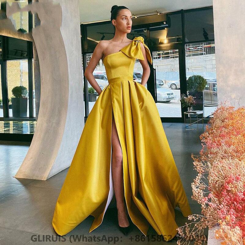 Yellow One-Shoulder Evening Gown High Split Formal Party Dress Satin A-Line Sleeveless Prom Dresses
