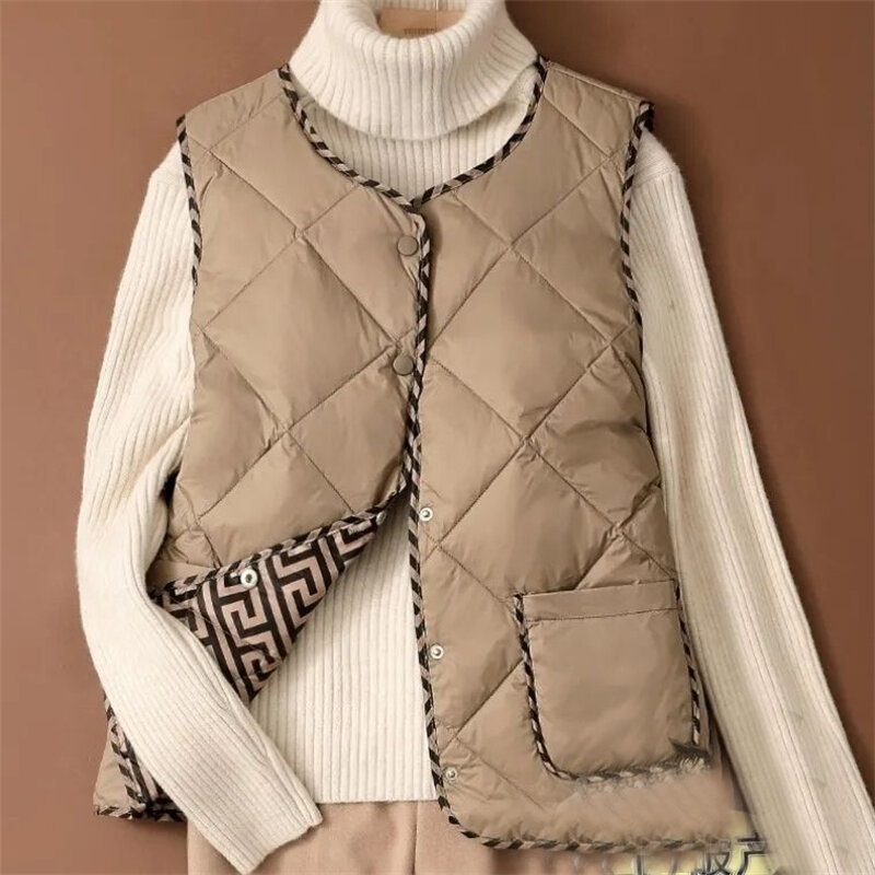 가을 겨울 민소매 따뜻한 다운 면 패딩 코트, 심플한 빈티지 겉옷 조끼, 캐주얼 O 넥 루즈 단추 조끼 재킷