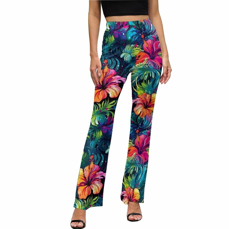 Calças elásticas de cintura alta estampa floral lírio, calças modernas, flor colorida, presente personalizado estilo rua, outono