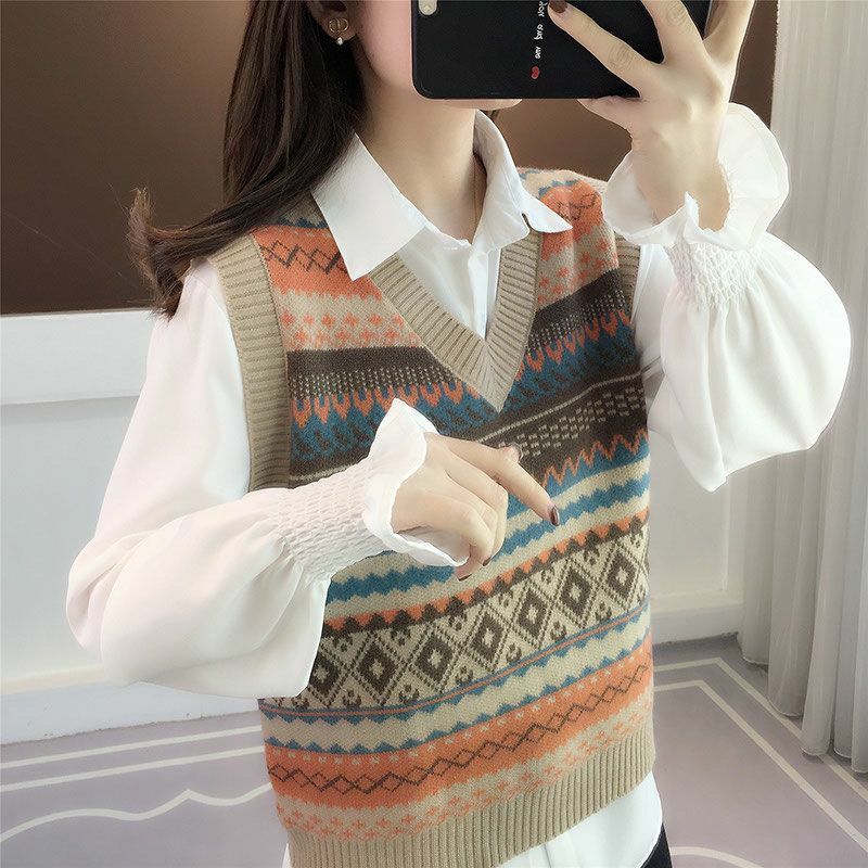Knitted vest for women's spring and autumn clothing 2024 new ethnic style sweater vest+shirt two-piece set