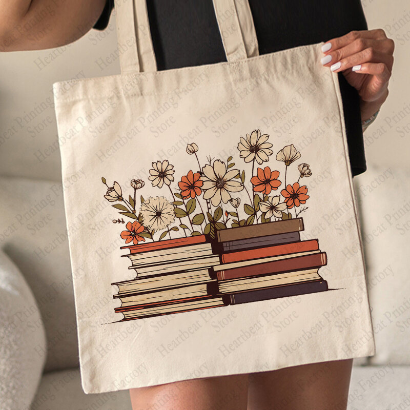Blumen Buch Muster Einkaufstasche Leinwand Umhängetasche für tägliche Bücherwurm Buch Liebhaber Geschenk Frauen wieder verwendbare Einkaufstasche