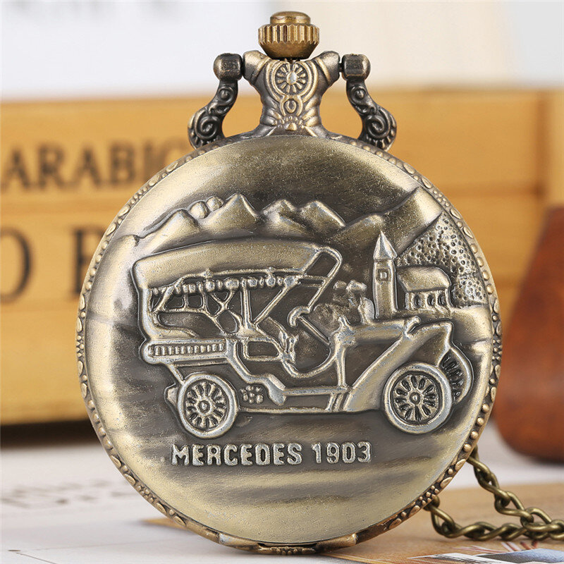 Reloj de bolsillo Retro Para hombre y mujer, accesorio de bronce con diseño de coche tallado en 3D, movimiento de cuarzo, números arábigos con cadena Fob, regalo