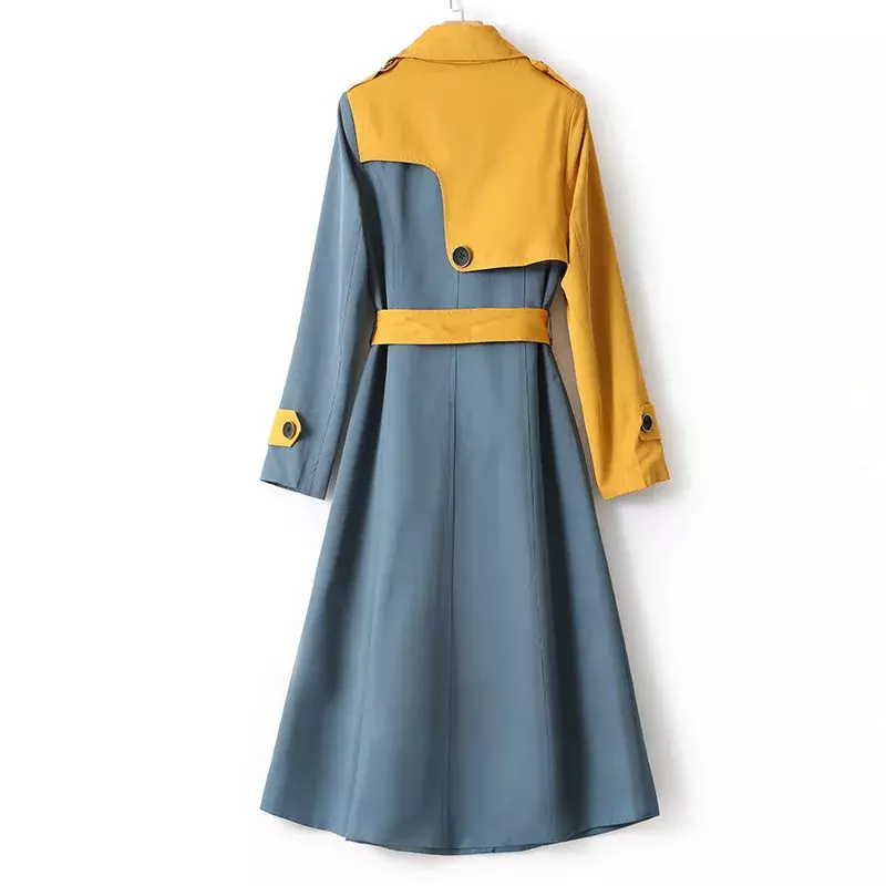 Women's Colorblock Trench Coat Long Trenchcoat Double Breasted Turn Down Collar Patchwork Jacket Peacoat Womens Coat with Belt