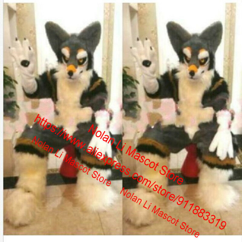 Venda quente longo cabelo husky cão raposa lobo mascote traje unisex dos desenhos animados terno cosplay festa de aniversário tamanho adulto presente do feriado 1054