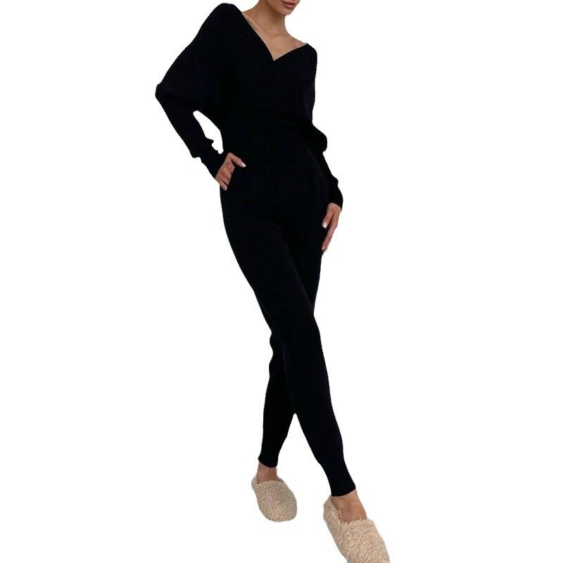 더블 브이넥 섹시 오프숄더 크롭탑 여성 니트 바지, 단색 투피스 세트, 신상 패션